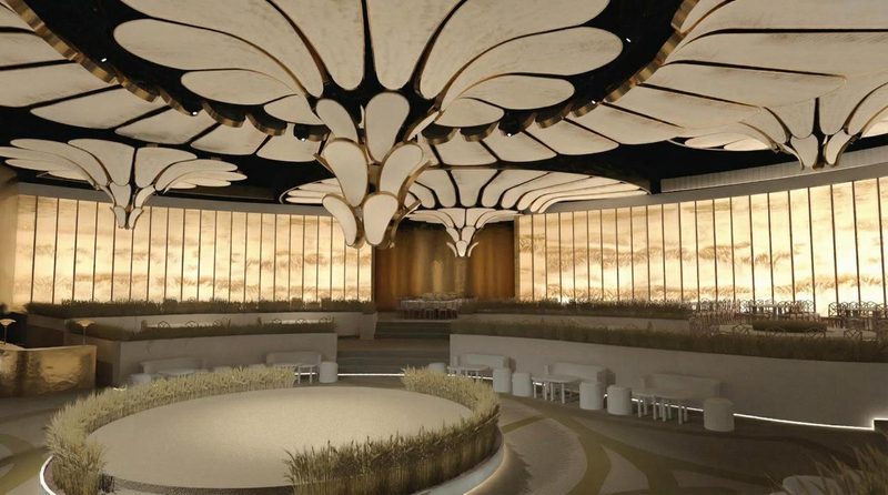 Salle de réception à Monaco, canopées en pétales et parois lumineuses